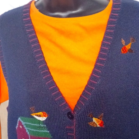 CAPACITY Bird House Daisy Pumpkin Cat Fall Sweater Button Up Vest Sz M Halloween - Picture 6 of 9